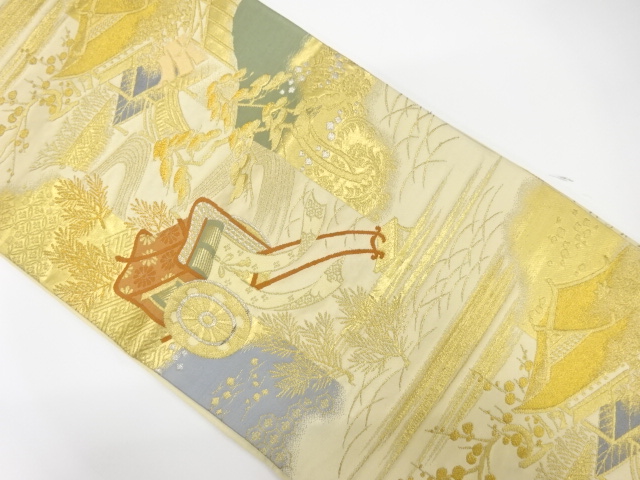 アンティーク　御所車に屋敷風景模様織り出し袋帯（着用可）